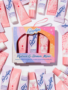 Lanolips Hydrate + Dream Minis is a trio of our 3 best-selling products at Lanolips. Each pack contains a mini tube of 101 Ointment Raspberry Shortcake, 101 Ointment Strawberry for hydration, and a mini tube of 12 Hour Overnight Lip Mask, containing powerhouse ingredients vitamin c, hyaluronic acid and ceramides boost lip recovery overnight softening, strengthening and replenishing lips while you sleep. 