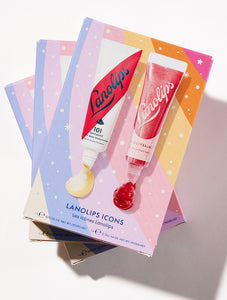 Lifestyle shot of the Lanolips Icons Duo - containing 101 Ointment Watermelon and Glossy Balm Candy.