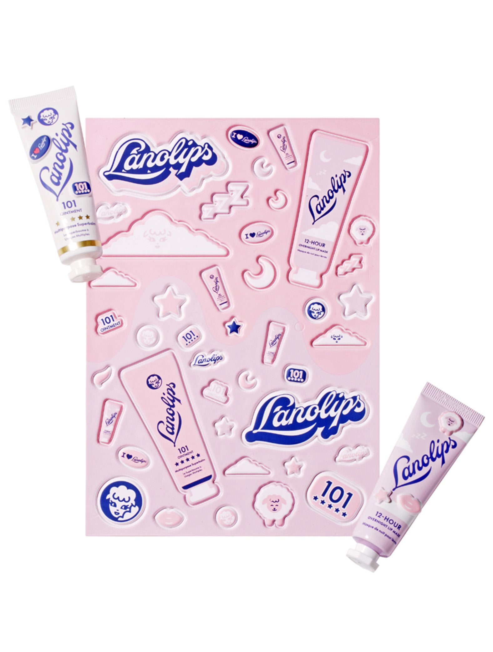 Lanolips puffy sticker sheet with 101 Ointment and 12 Hour Lip Mask tubes, featuring clouds, moons, stars, and dreamy hydration icons.
