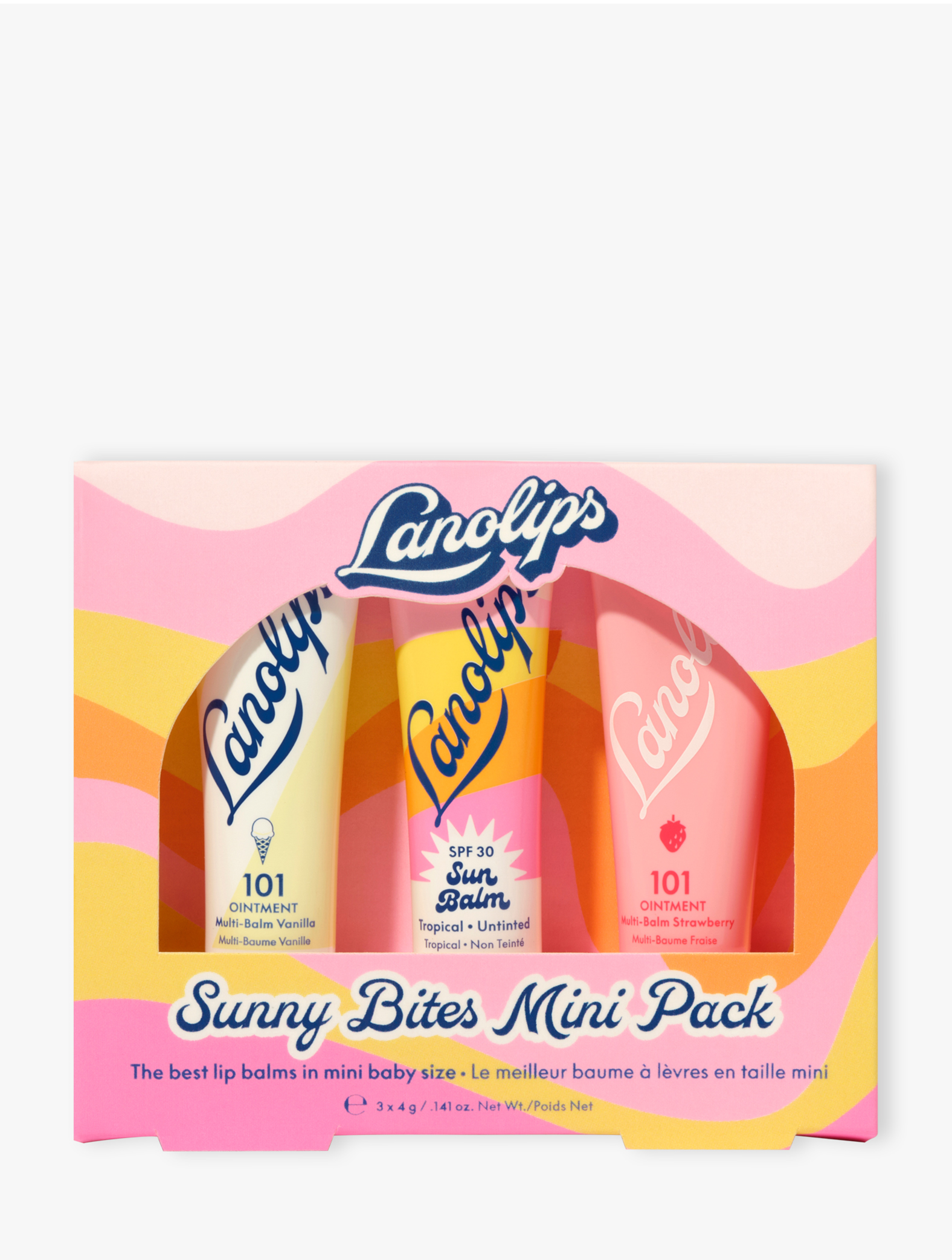 Lanolips sunny bites mini pack containing three mini lip balms, 101 ointment vanilla, strawberry and sun balm spf 30 tropical in a pink and yellow wavy box.