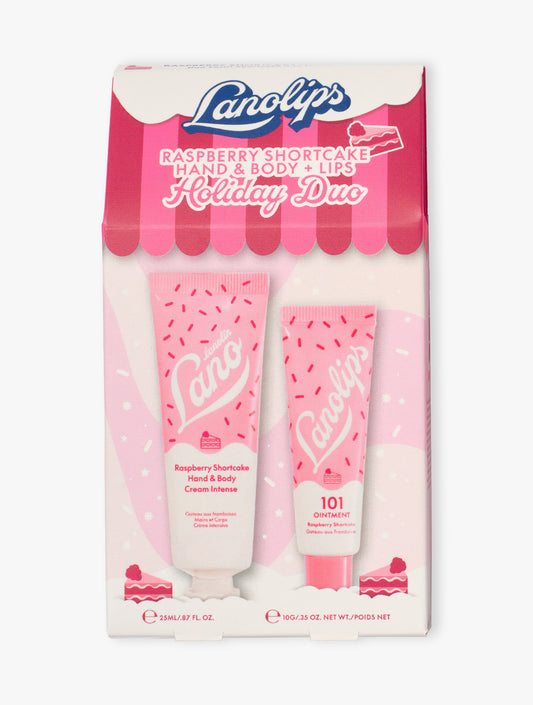 Product shot of the Lanolips Limited Edition Raspberry Shortcake Holiday Duo. 